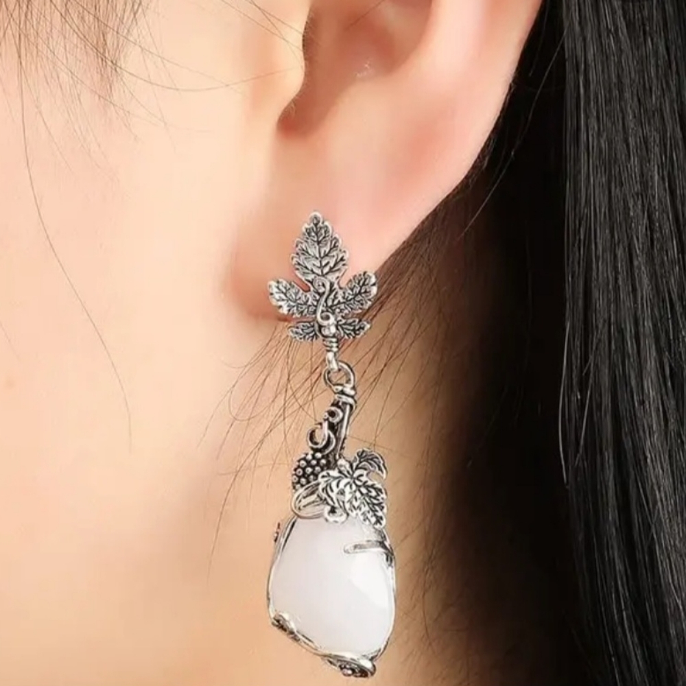 Grape Leaf Dangling Earrings Silver Tone